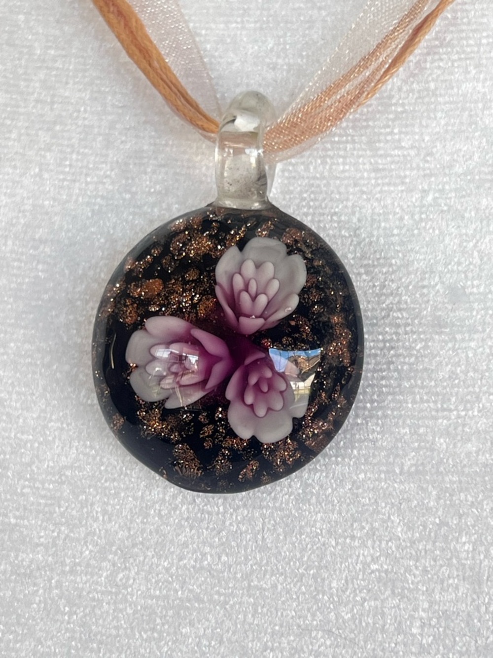Vintage Style Glass Flower Pendant Choker Floral Art Necklace Murano Style Pink